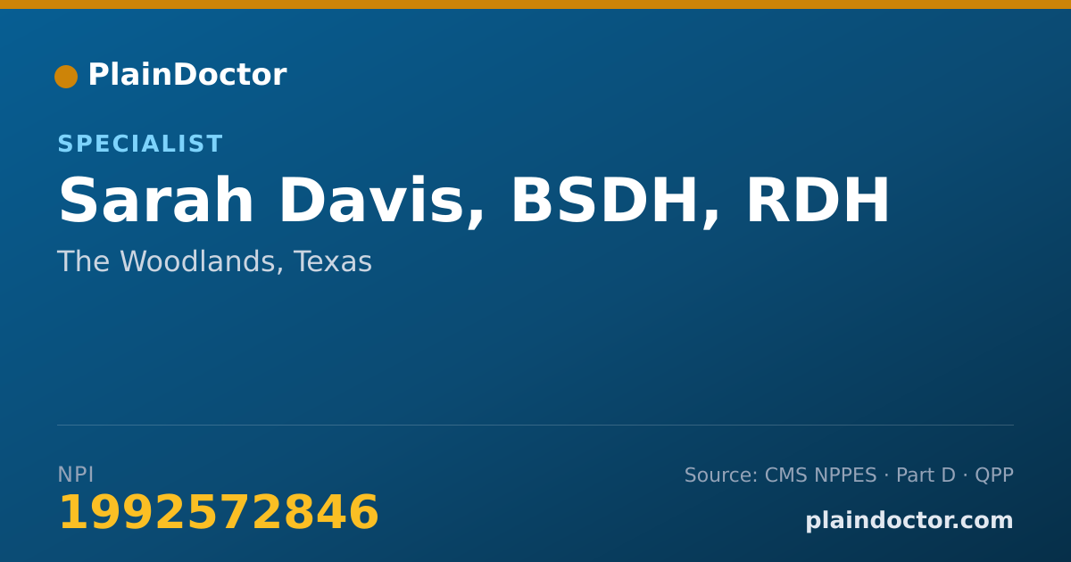 Shareable card for Sarah Davis, BSDH, RDH - Specialist, The Woodlands, TX