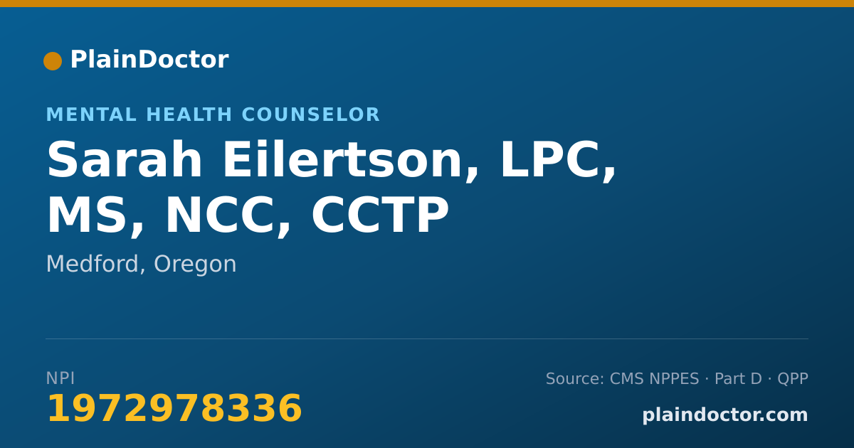 Shareable card for Sarah Eilertson, LPC, MS, NCC, CCTP - Mental Health Counselor, Medford, OR