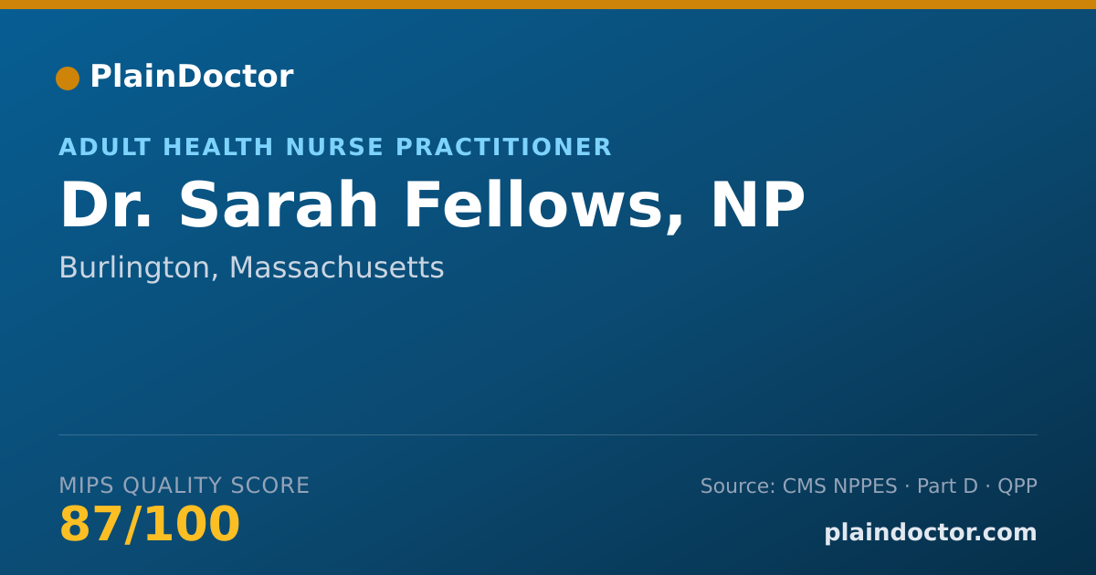 Shareable card for Sarah Fellows, NP - Adult Health Nurse Practitioner, Burlington, MA