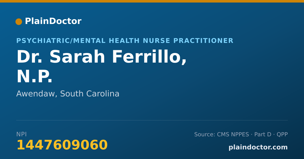 Shareable card for Sarah Ferrillo, N.P. - Psychiatric/Mental Health Nurse Practitioner, Awendaw, SC