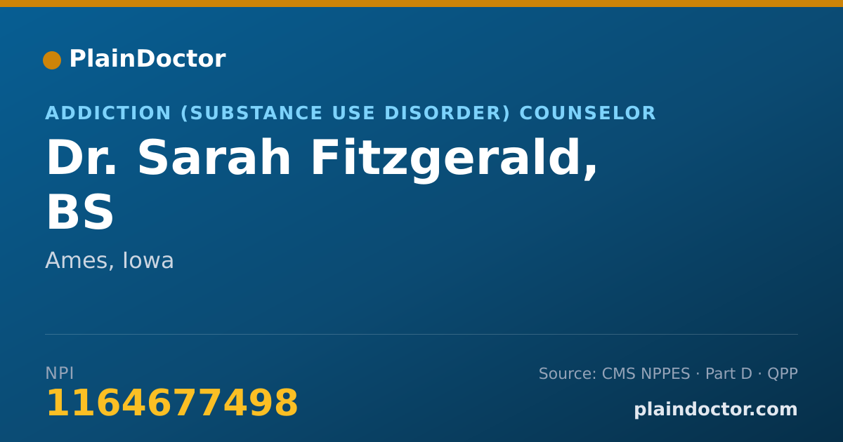 Shareable card for Sarah Fitzgerald, BS - Addiction (Substance Use Disorder) Counselor, Ames, IA