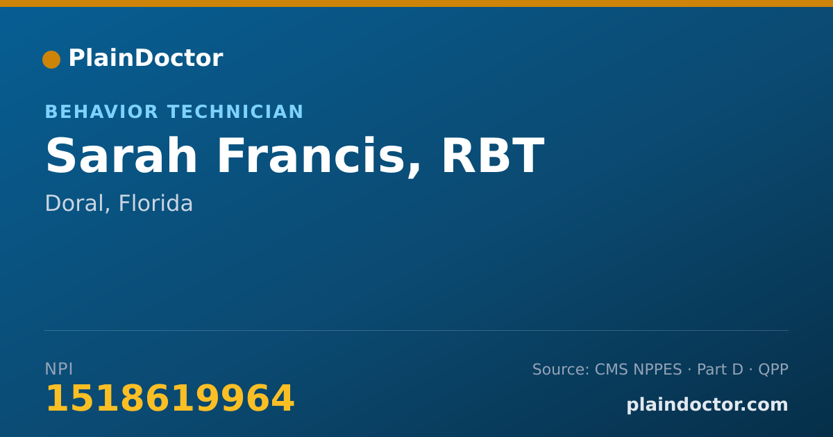 Shareable card for Sarah Francis, RBT - Behavior Technician, Doral, FL