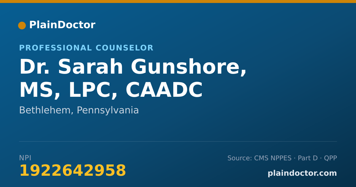Shareable card for Sarah Gunshore, MS, LPC, CAADC - Professional Counselor, Bethlehem, PA
