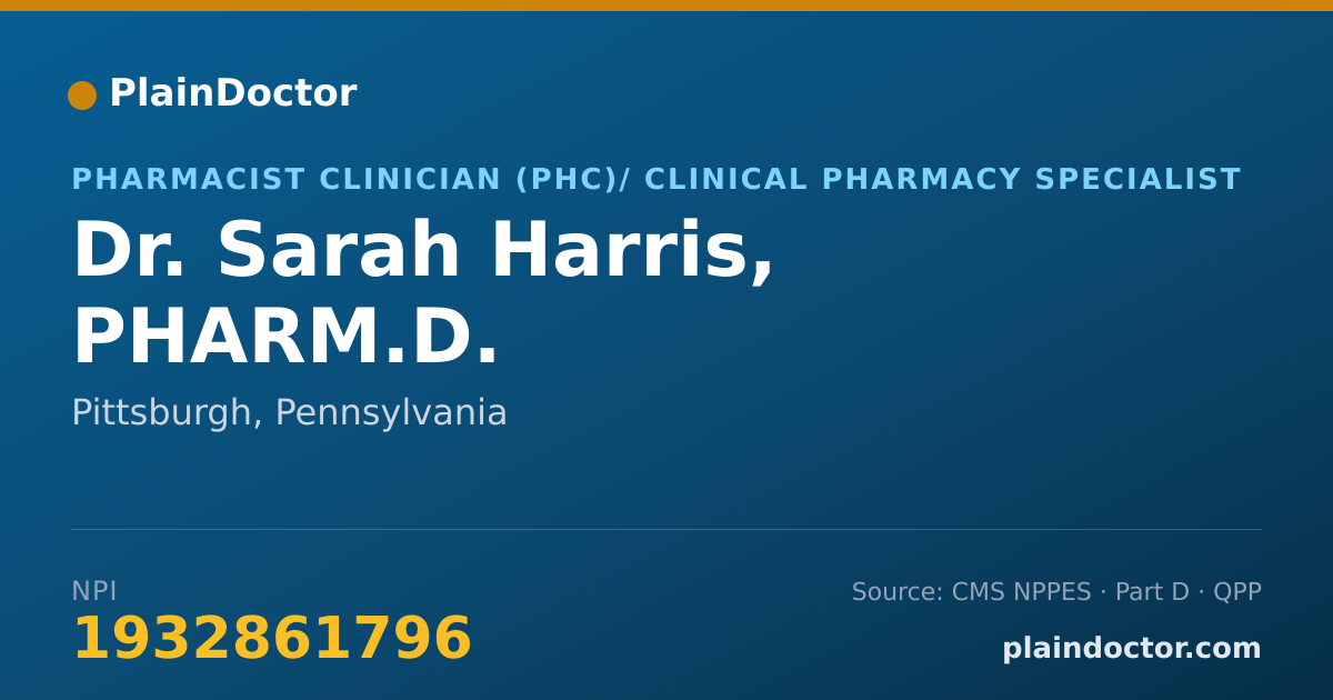 Shareable card for Sarah Harris, PHARM.D. - Pharmacist Clinician (PhC)/ Clinical Pharmacy Specialist, Pittsburgh, PA