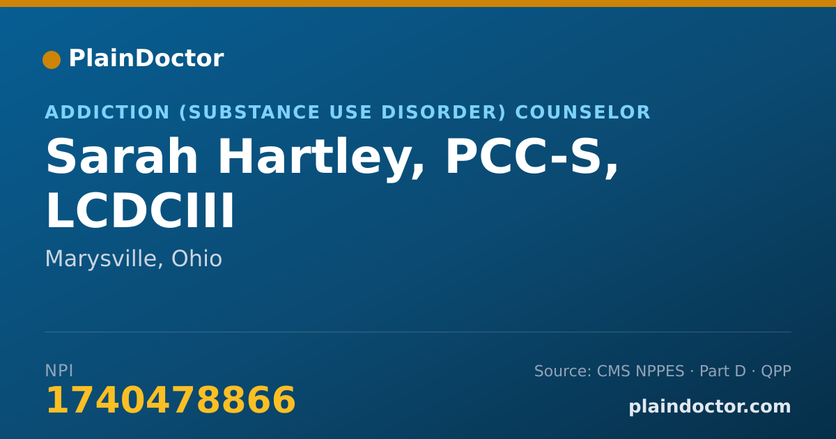 Shareable card for Sarah Hartley, PCC-S, LCDCIII - Addiction (Substance Use Disorder) Counselor, Marysville, OH