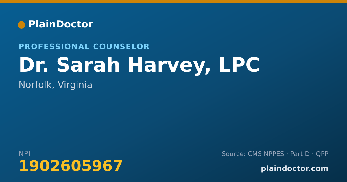 Shareable card for Sarah Harvey, LPC - Professional Counselor, Norfolk, VA