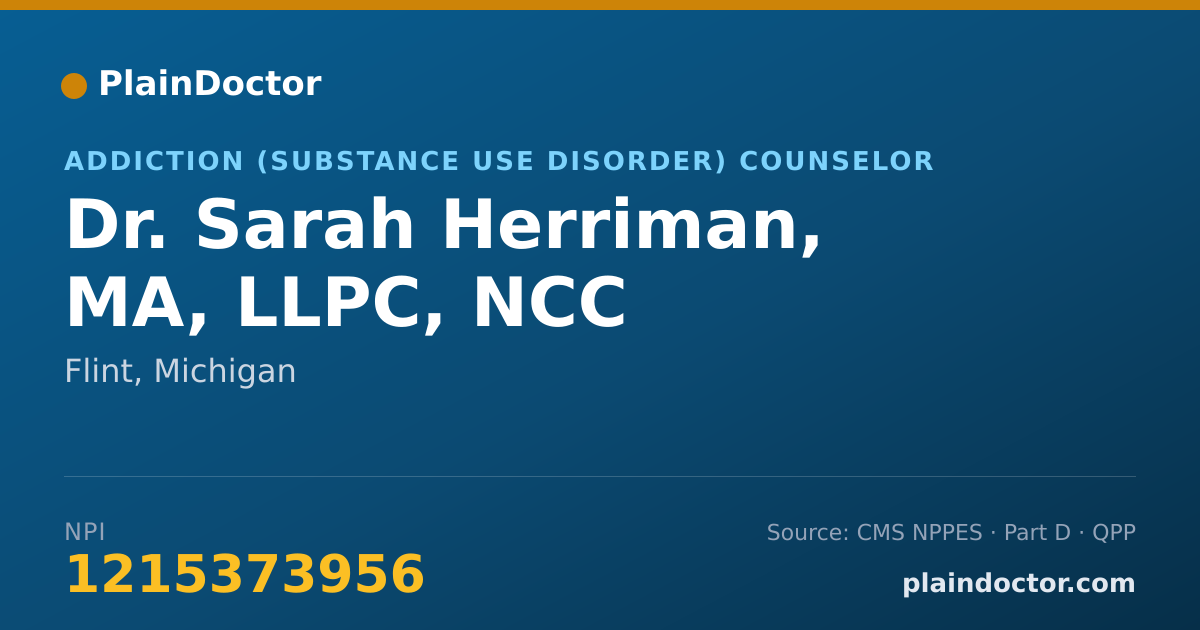 Shareable card for Sarah Herriman, MA, LLPC, NCC - Addiction (Substance Use Disorder) Counselor, Flint, MI