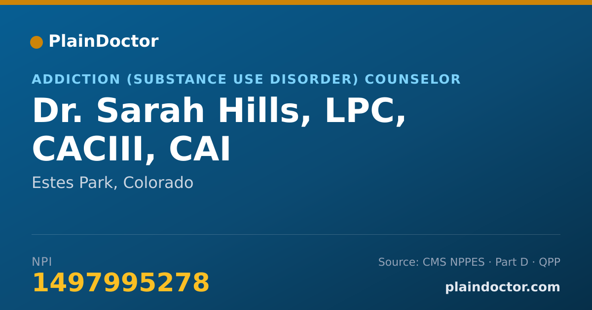 Shareable card for Sarah Hills, LPC, CACIII, CAI - Addiction (Substance Use Disorder) Counselor, Estes Park, CO