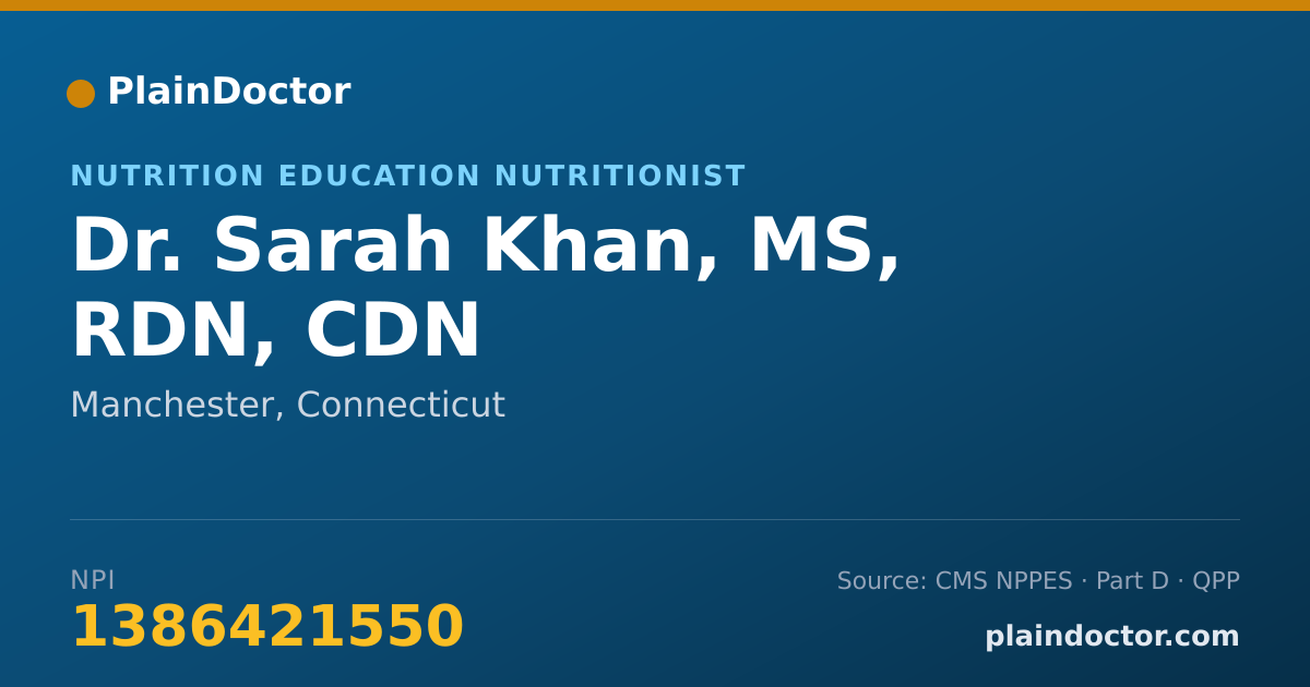 Shareable card for Sarah Khan, MS, RDN, CDN - Nutrition Education Nutritionist, Manchester, CT