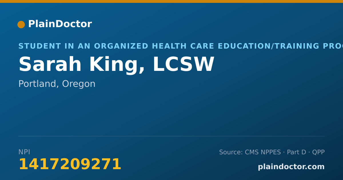 Shareable card for Sarah King, LCSW - Student in an Organized Health Care Education/Training Program, Portland, OR