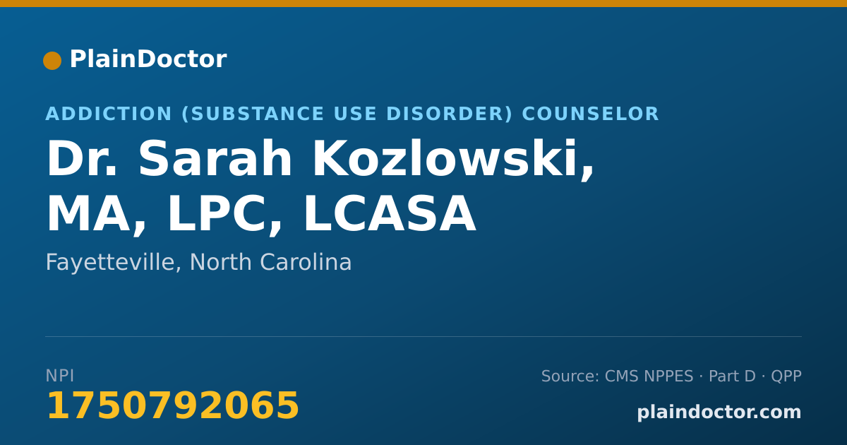 Shareable card for Sarah Kozlowski, MA, LPC, LCASA - Addiction (Substance Use Disorder) Counselor, Fayetteville, NC