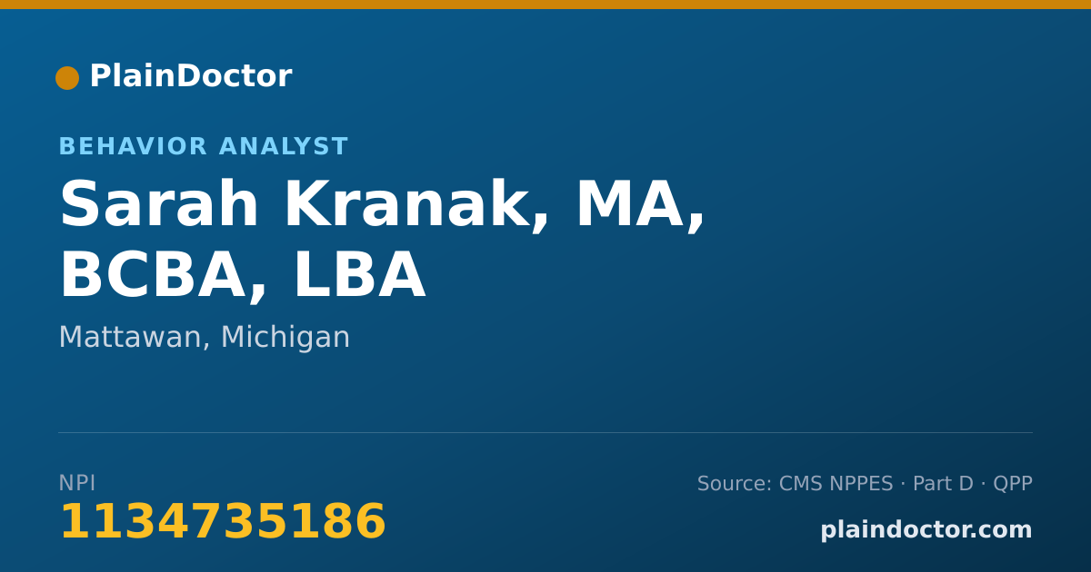 Shareable card for Sarah Kranak, MA, BCBA, LBA - Behavior Analyst, Mattawan, MI