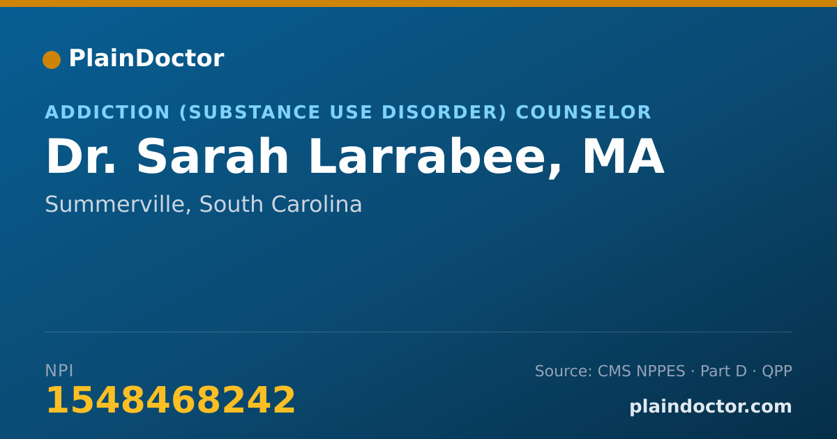 Shareable card for Sarah Larrabee, MA - Addiction (Substance Use Disorder) Counselor, Summerville, SC