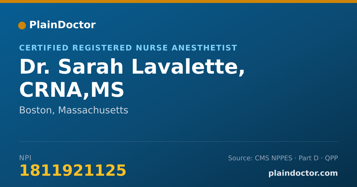 Shareable card for Sarah Lavalette, CRNA,MS - Certified Registered Nurse Anesthetist, Boston, MA