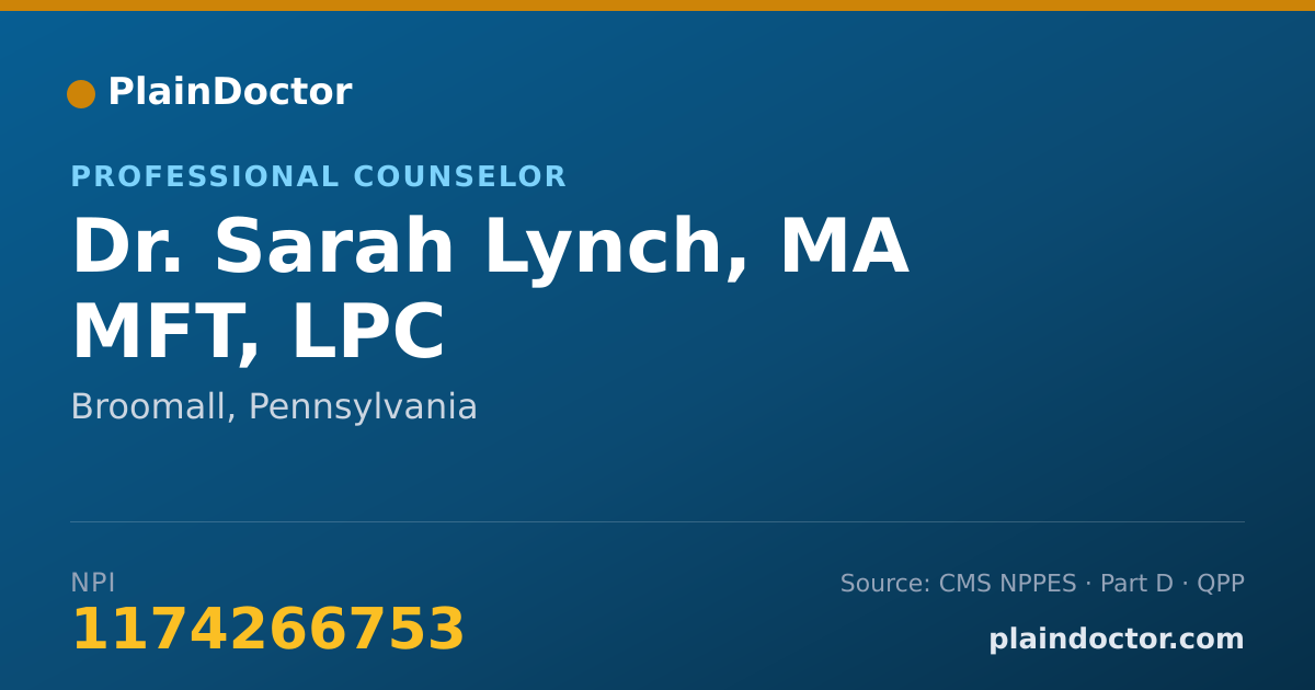 Shareable card for Sarah Lynch, MA MFT, LPC - Professional Counselor, Broomall, PA