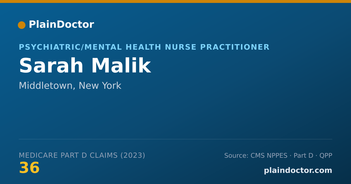 Shareable card for Sarah Malik - Psychiatric/Mental Health Nurse Practitioner, Middletown, NY