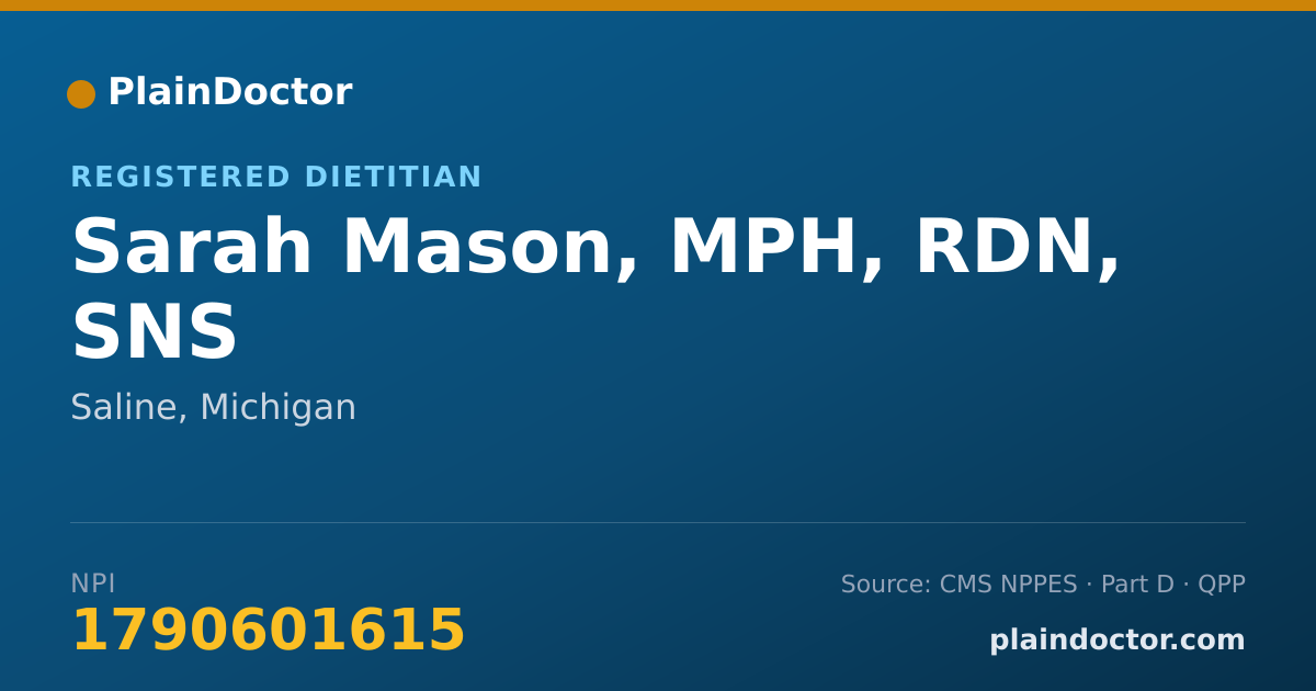 Shareable card for Sarah Mason, MPH, RDN, SNS - Registered Dietitian, Saline, MI