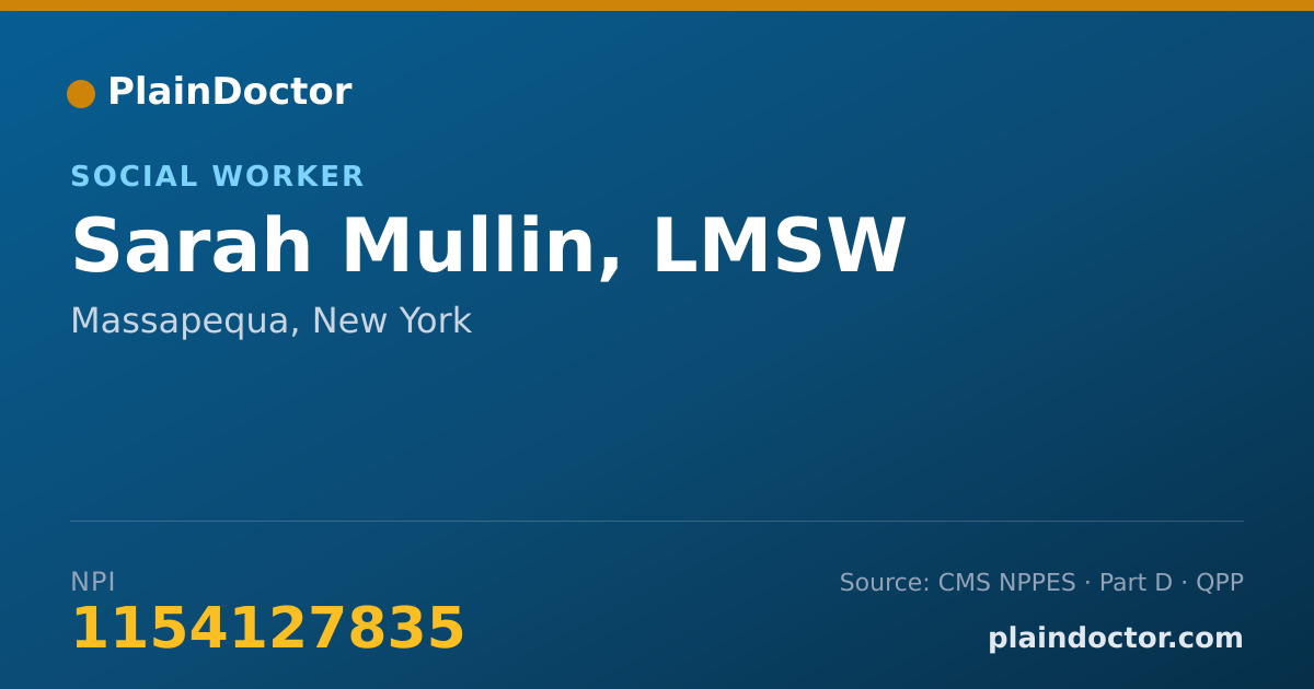 Shareable card for Sarah Mullin, LMSW - Social Worker, Massapequa, NY