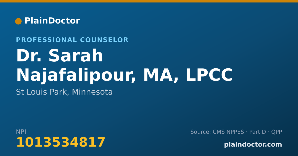 Shareable card for Sarah Najafalipour, MA, LPCC - Professional Counselor, St Louis Park, MN