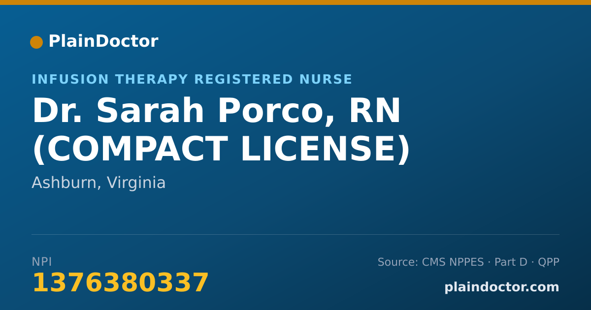 Shareable card for Sarah Porco, RN (COMPACT LICENSE) - Infusion Therapy Registered Nurse, Ashburn, VA
