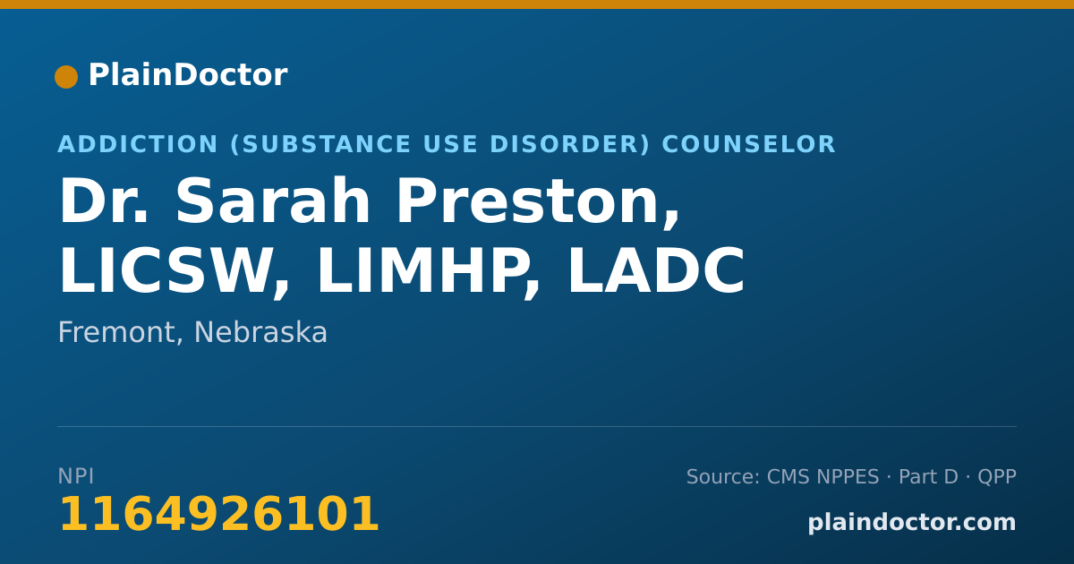 Shareable card for Sarah Preston, LICSW, LIMHP, LADC - Addiction (Substance Use Disorder) Counselor, Fremont, NE