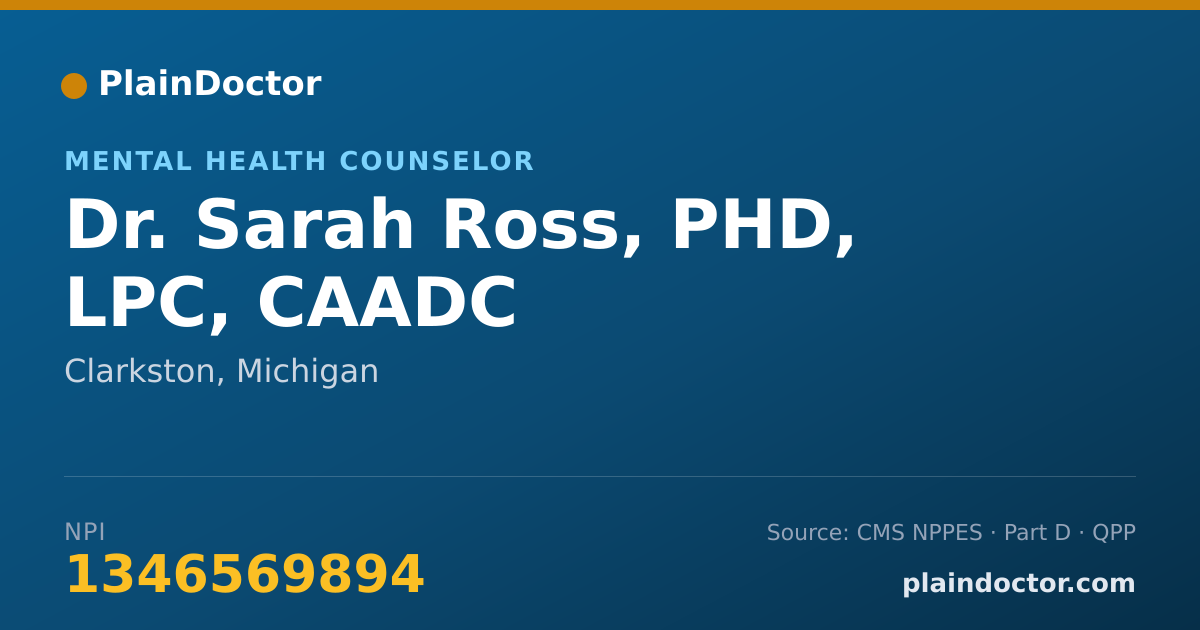Shareable card for Sarah Ross, PHD, LPC, CAADC - Mental Health Counselor, Clarkston, MI