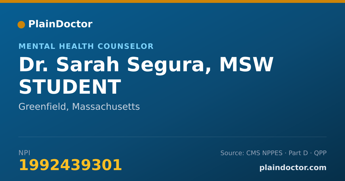 Shareable card for Sarah Segura, MSW STUDENT - Mental Health Counselor, Greenfield, MA