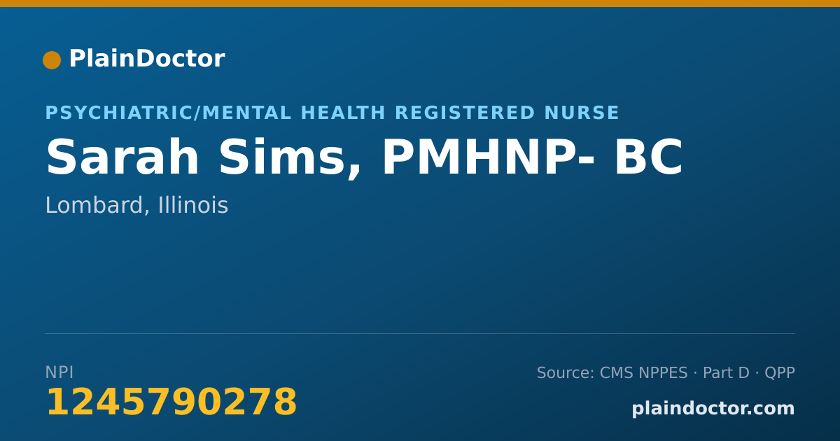 Shareable card for Sarah Sims, PMHNP- BC - Psychiatric/Mental Health Registered Nurse, Lombard, IL