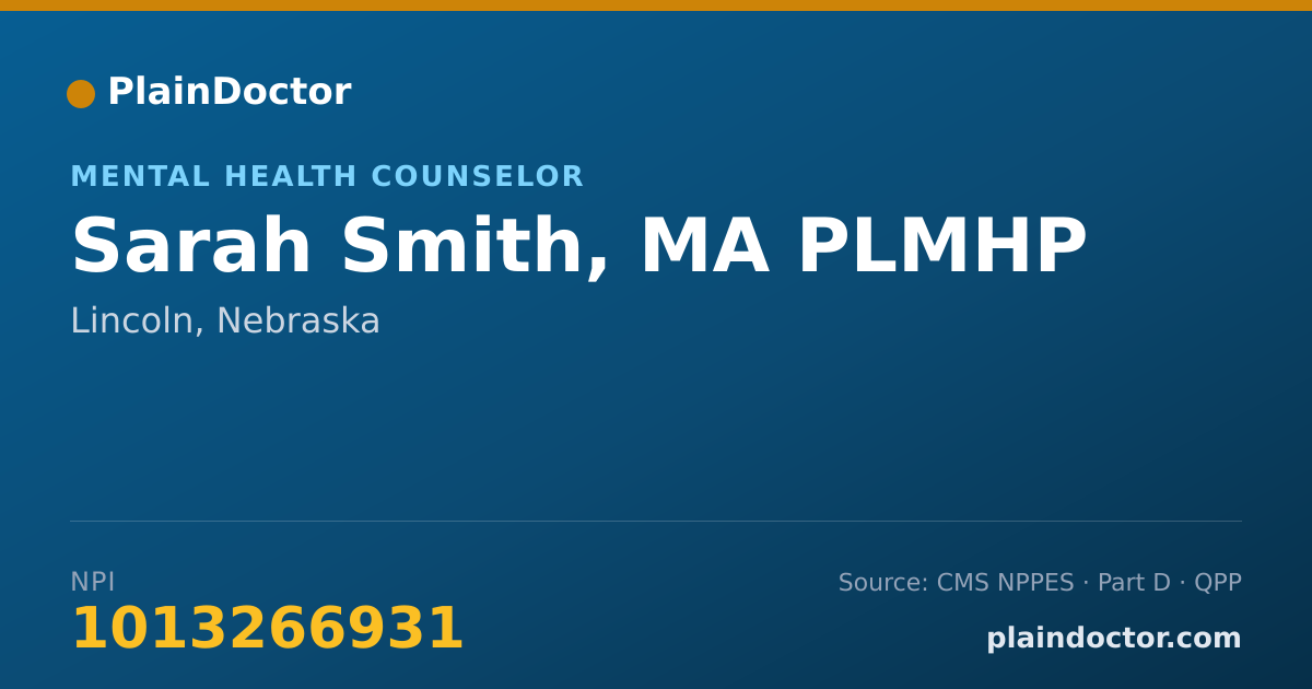 Shareable card for Sarah Smith, MA PLMHP - Mental Health Counselor, Lincoln, NE