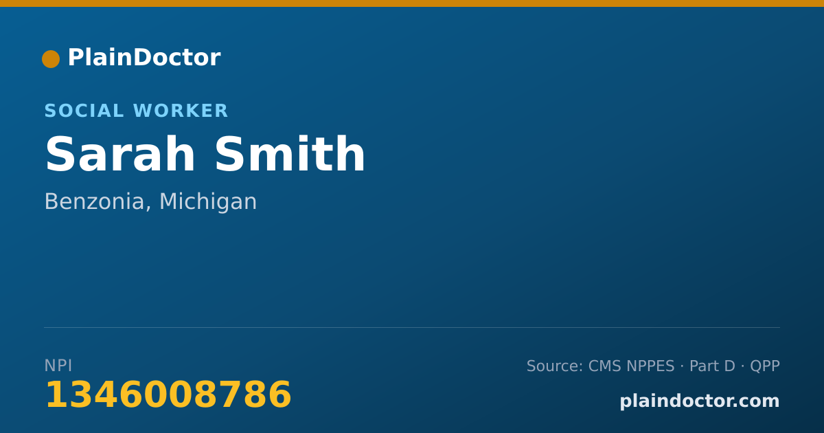 Shareable card for Sarah Smith - Social Worker, Benzonia, MI