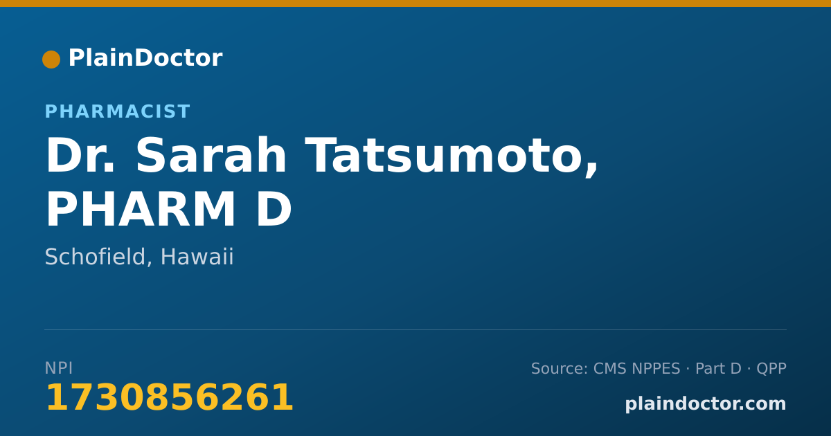 Shareable card for Sarah Tatsumoto, PHARM D - Pharmacist, Schofield, HI