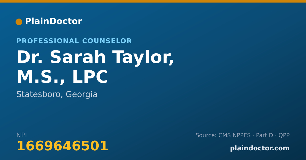 Shareable card for Sarah Taylor, M.S., LPC - Professional Counselor, Statesboro, GA