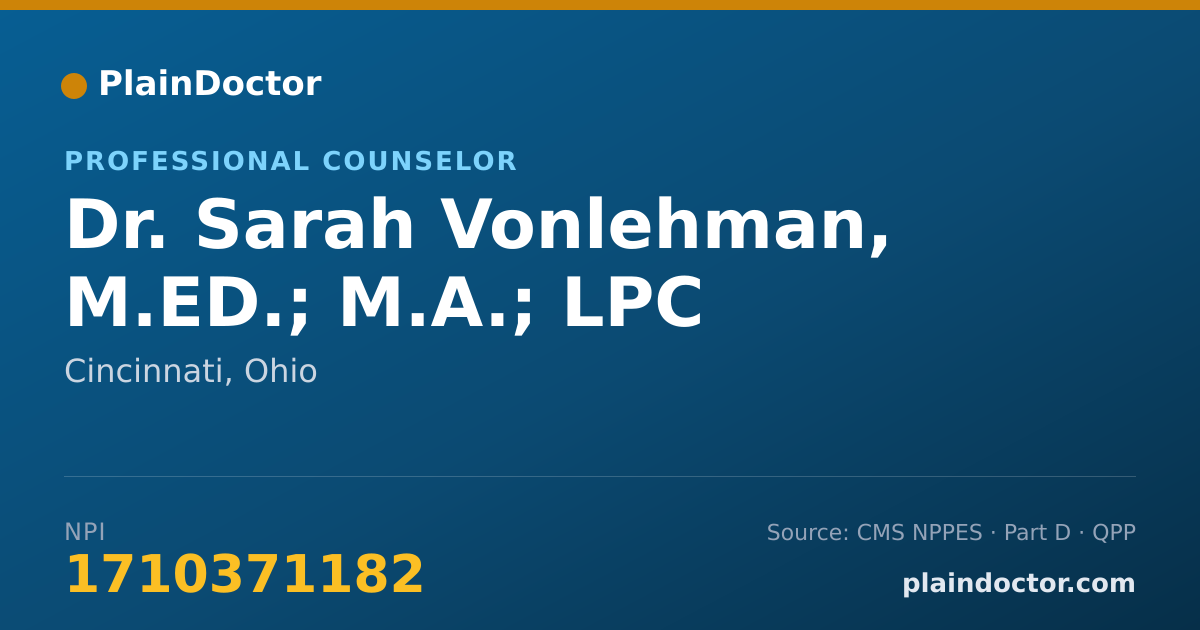 Shareable card for Sarah Vonlehman, M.ED.; M.A.; LPC - Professional Counselor, Cincinnati, OH