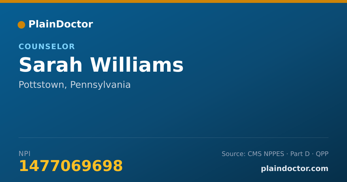 Shareable card for Sarah Williams - Counselor, Pottstown, PA