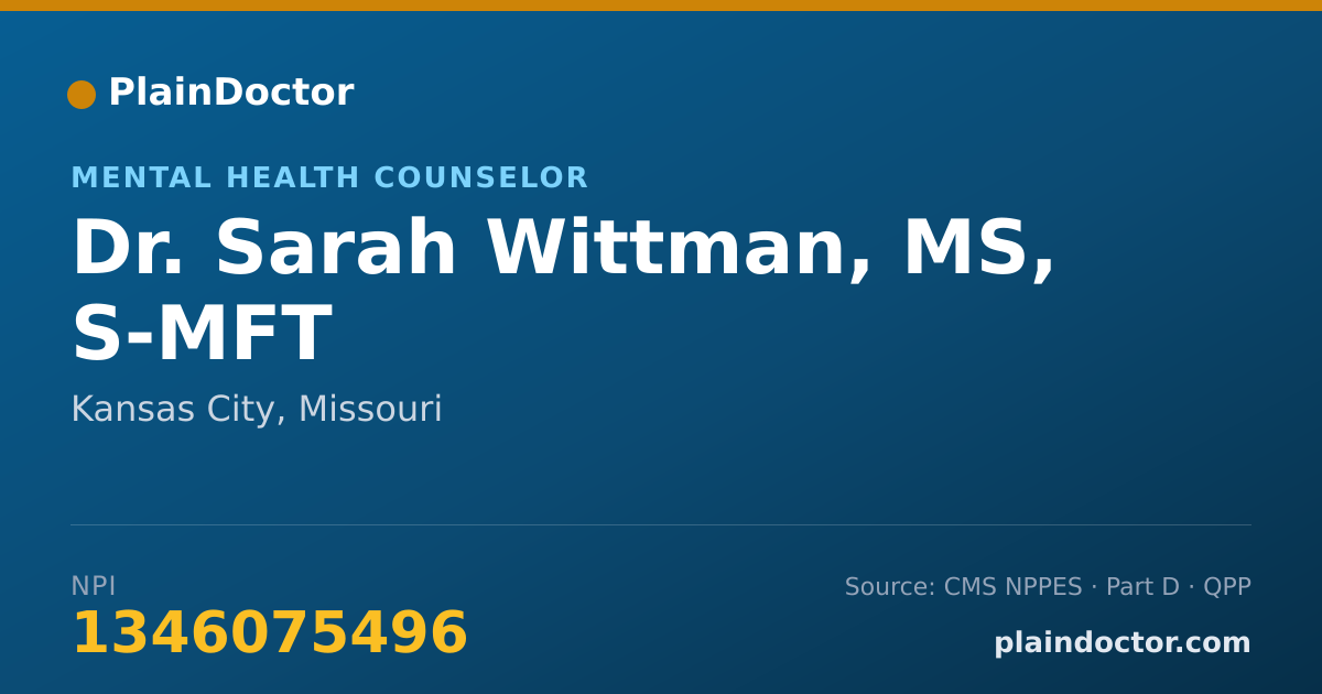 Shareable card for Sarah Wittman, MS, S-MFT - Mental Health Counselor, Kansas City, MO