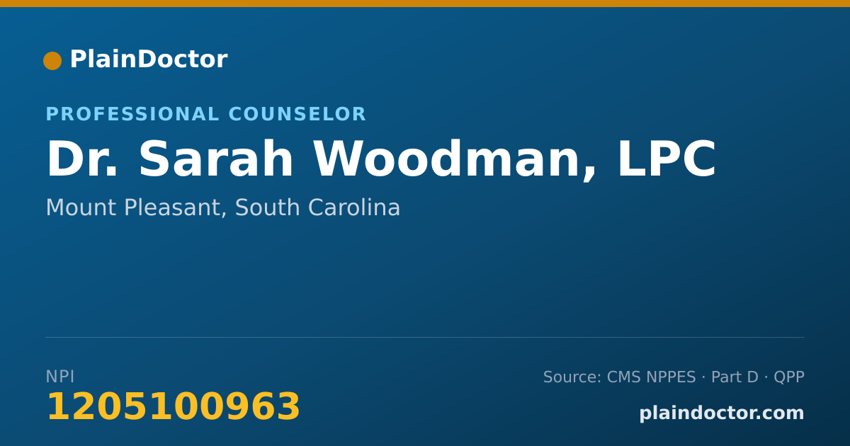 Shareable card for Sarah Woodman, LPC - Professional Counselor, Mount Pleasant, SC