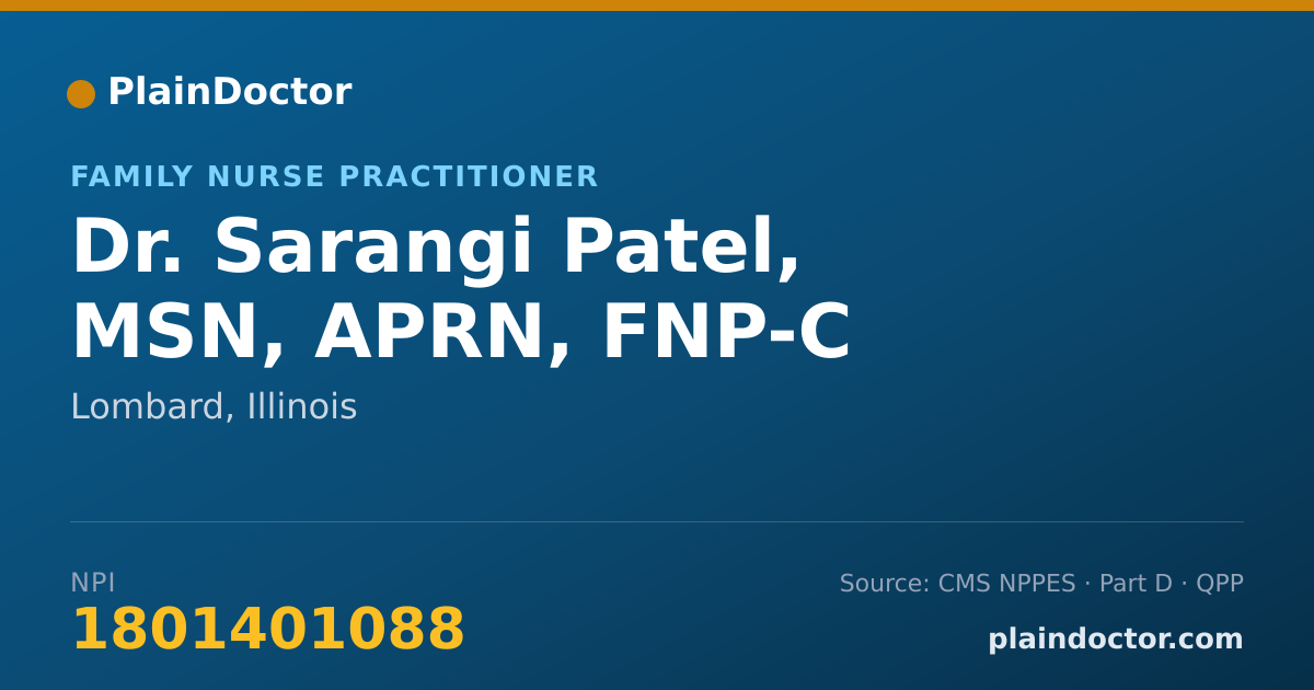 Shareable card for Sarangi Patel, MSN, APRN, FNP-C - Family Nurse Practitioner, Lombard, IL
