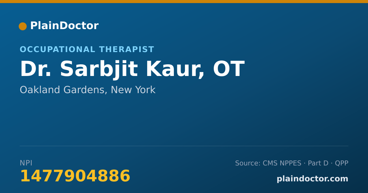 Shareable card for Sarbjit Kaur, OT - Occupational Therapist, Oakland Gardens, NY