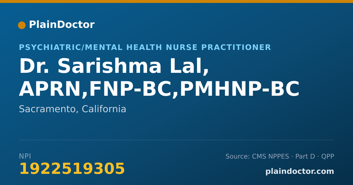 Shareable card for Sarishma Lal, APRN,FNP-BC,PMHNP-BC - Psychiatric/Mental Health Nurse Practitioner, Sacramento, CA