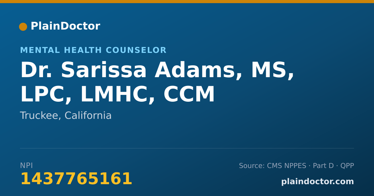 Shareable card for Sarissa Adams, MS, LPC, LMHC, CCM - Mental Health Counselor, Truckee, CA
