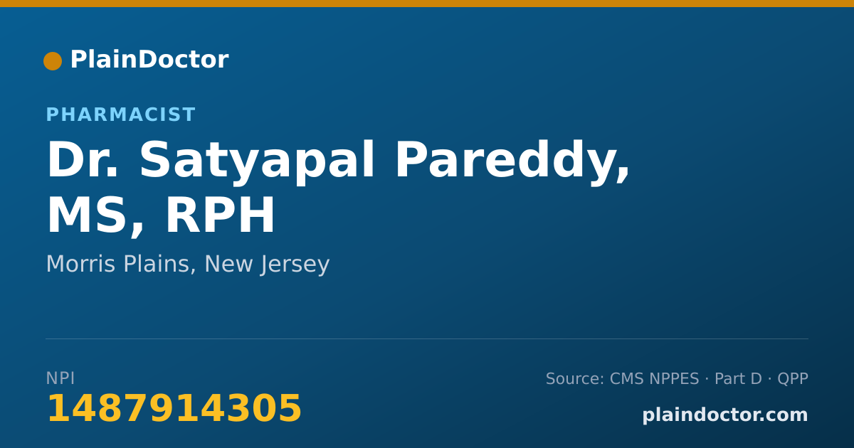 Shareable card for Satyapal Pareddy, MS, RPH - Pharmacist, Morris Plains, NJ