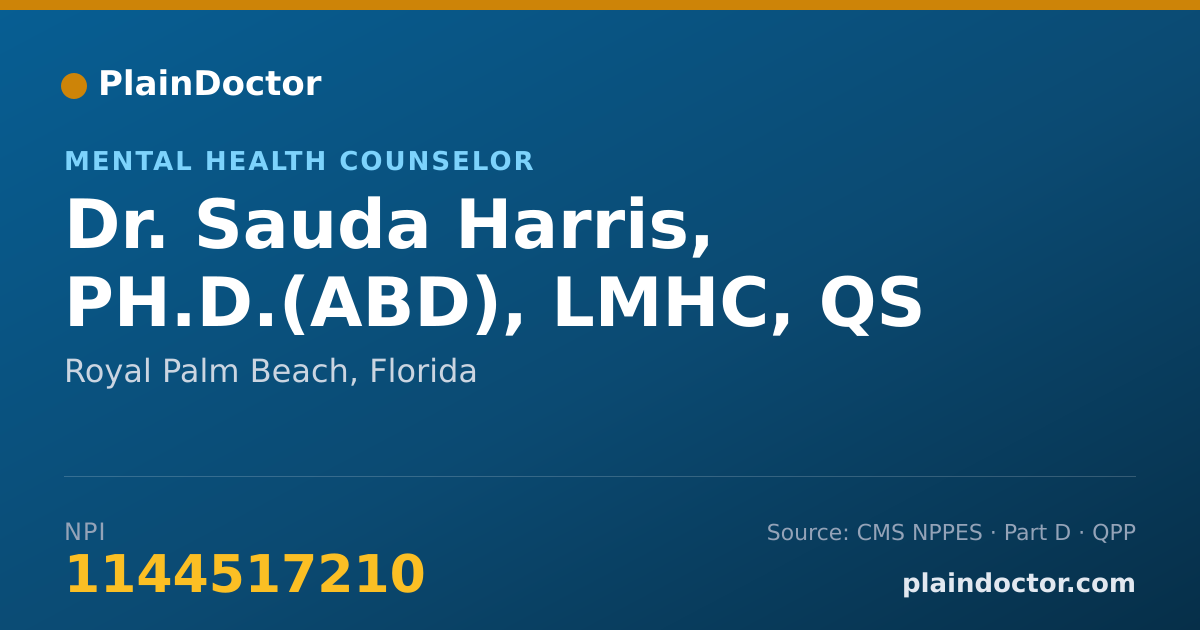 Shareable card for Sauda Harris, PH.D.(ABD), LMHC, QS - Mental Health Counselor, Royal Palm Beach, FL