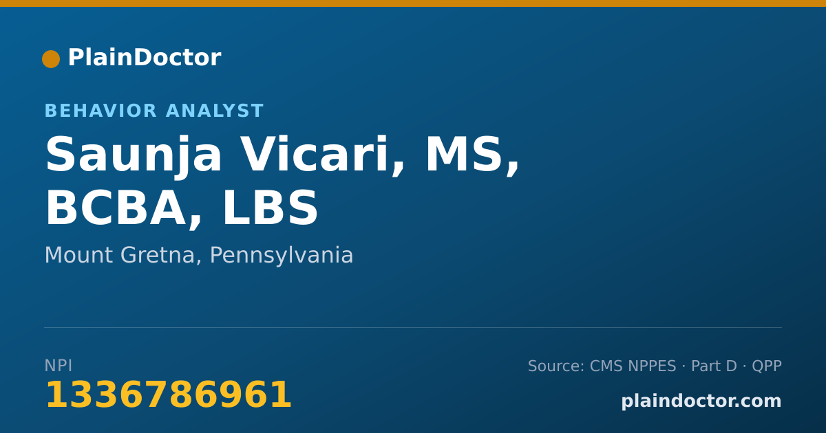 Shareable card for Saunja Vicari, MS, BCBA, LBS - Behavior Analyst, Mount Gretna, PA