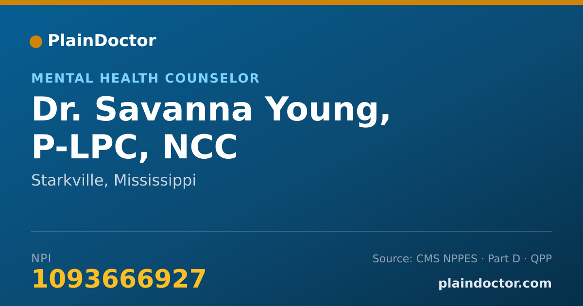 Shareable card for Savanna Young, P-LPC, NCC - Mental Health Counselor, Starkville, MS