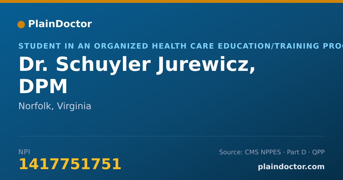 Shareable card for Schuyler Jurewicz, DPM - Student in an Organized Health Care Education/Training Program, Norfolk, VA