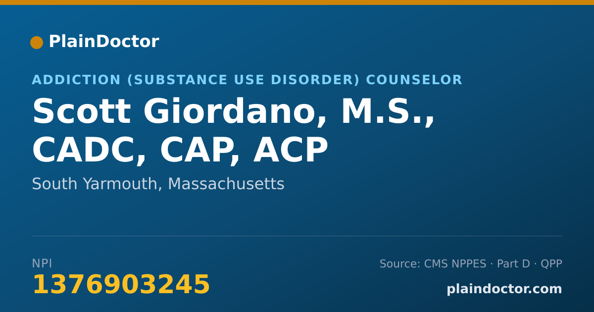 Shareable card for Scott Giordano, M.S., CADC, CAP, ACP - Addiction (Substance Use Disorder) Counselor, South Yarmouth, MA