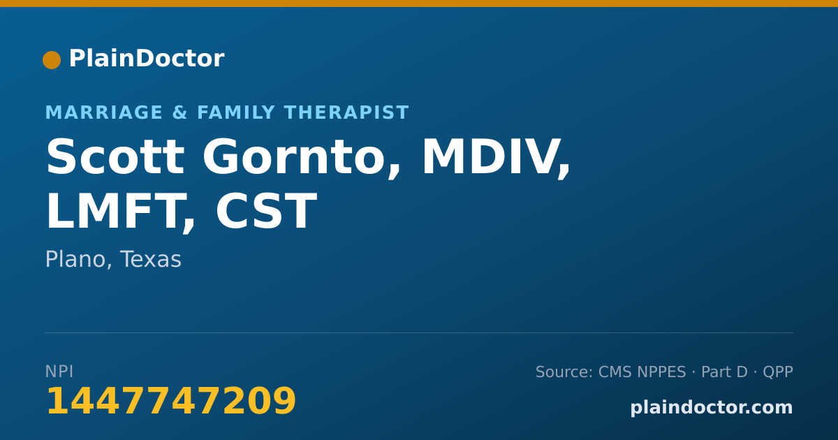 Shareable card for Scott Gornto, MDIV, LMFT, CST - Psychologist, Plano, TX