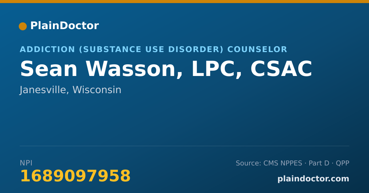 Shareable card for Sean Wasson, LPC, CSAC - Addiction (Substance Use Disorder) Counselor, Janesville, WI