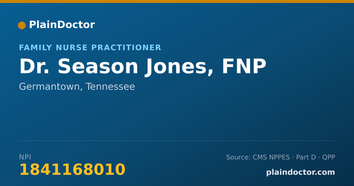 Shareable card for Season Jones, FNP - Family Nurse Practitioner, Germantown, TN