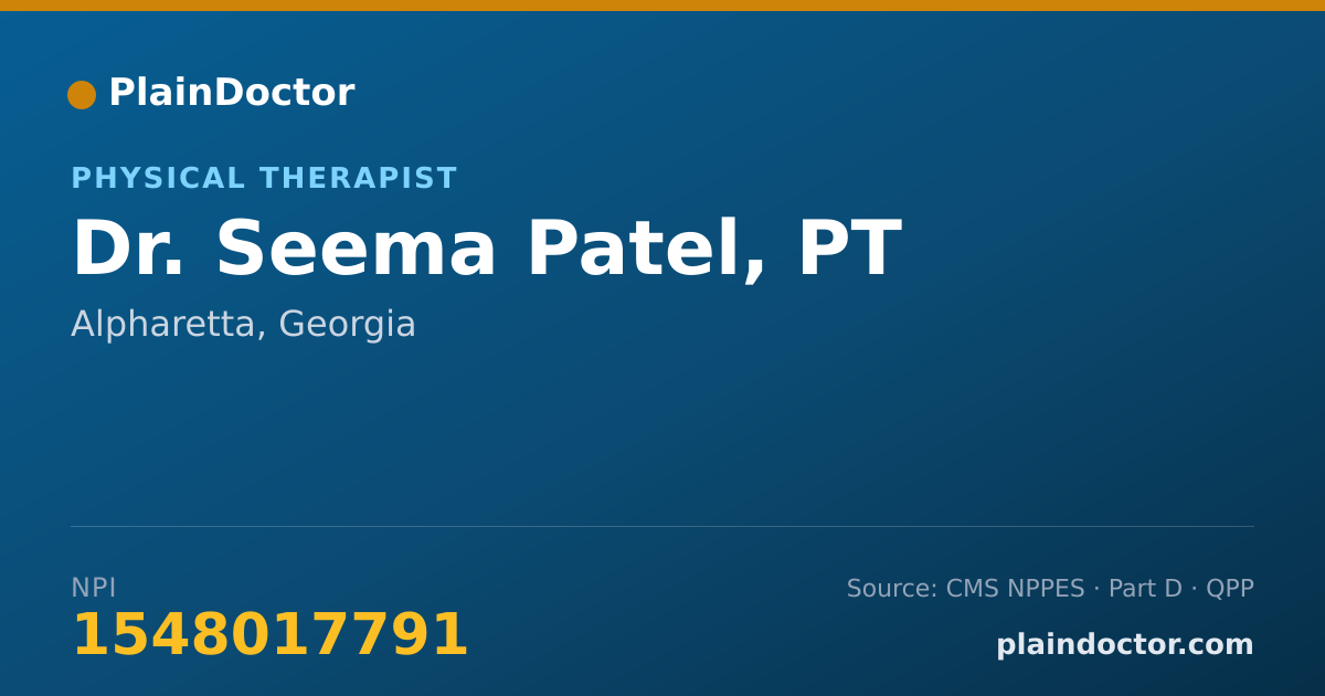 Shareable card for Seema Patel, PT - Physical Therapist, Alpharetta, GA